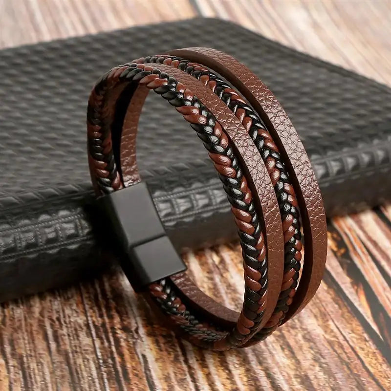 Pulseira de couro tecida elegante para homem